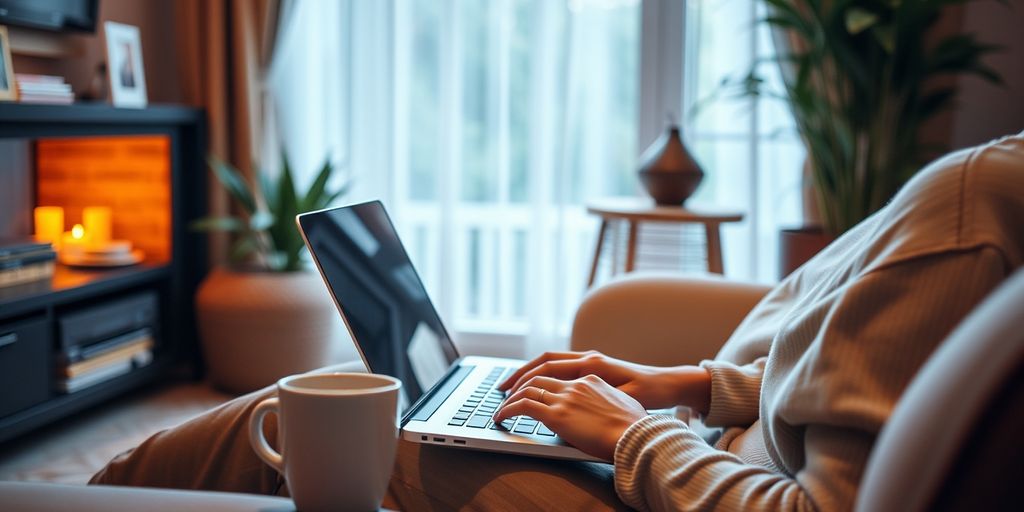 Person using laptop in cozy room with coffee.